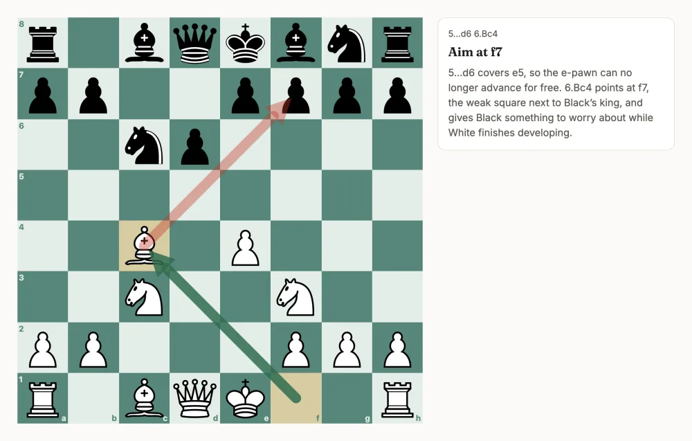 An opening lesson step: the board with arrows and the note “Aim at f7”.